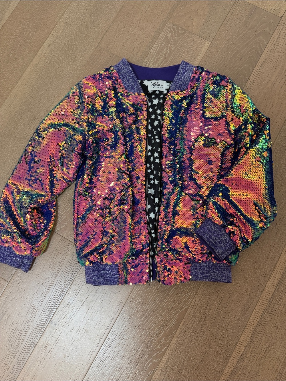 Lola + The Boys Magic Mermaid Sequin Bomber Jacket with Purple Trim